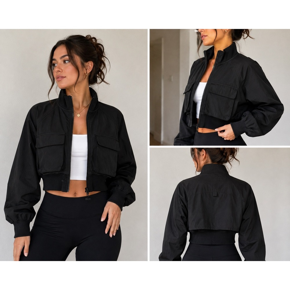 FLX Women Mineral Black Cropped Utility Jacket XL Ripstop Full Zip Mock Neck